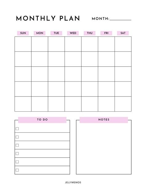 Monthly Planner Page With A Blank Calendar To Do List Area And Notes Area Words Are