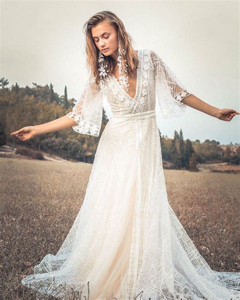 boho wedding dress with bell sleeves