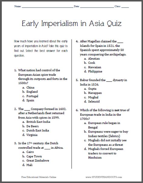 Early Imperialism In Asia Pop Quiz High School World History