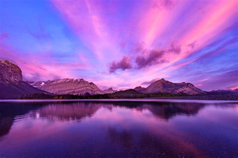 Mountains Surrounded By Water Under Purple Skies Kananaskis Hd