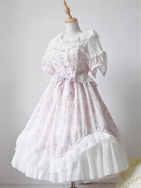 Sweet Lolita Dress Op Pink Chiffon Printed Puff Short Sleeve Ruffle