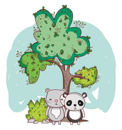 Cute Animals Panda And Cat Tree Bush Cartoon 4157761 Vector Art At