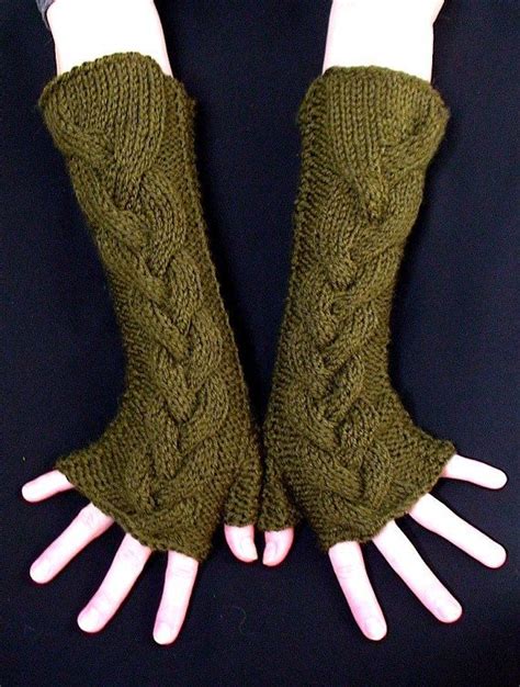 Fingerless Gloves Green Long Knit Moss Green Handknit Cabled Etsy