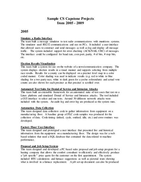 In this document, details about fonts have been added using the insert: Sample Capstone Projects from 2005
