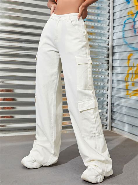 White Collar Denim Plain Wide Leg Embellished Non Stretch Women Denim Jeans Cargo Cargo Pants