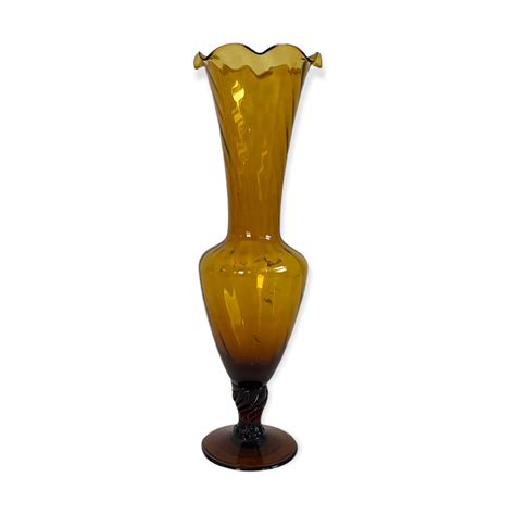 Vintage Dark Amber Brown Glass Vase W Swirled Stem And Fluted Edge Mid Century Small Retro Home