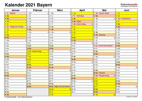 Kalenderpedia 2021 Bayern Kalender 2021 Bayern Zum Ausdrucken