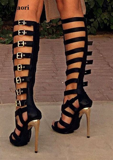 Voguezone009 womens closed round toe high heels imitated suede short plush solid boots with belt buckle red 75 bm us *** check out the image by visiting the link. Women Fashion Open Toe Black Leather Knee High Gladiator ...