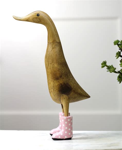 Wooden Duck With Pink Welly Boots Large Duck In Polka Dot Rain Boots