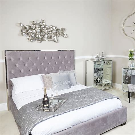 Grey Double Size Bed With A Chrome Frame And Velvet Style Upholstery Picture Perfect Home