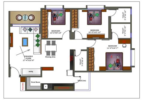 3 Bhk House Plan With Furniture Layout Plan Cad Drawing Dwg File Cadbull