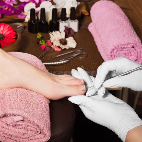 Closeup Finger Nail Care By Manicure Specialist In Beauty Salon Stock Image Image Of