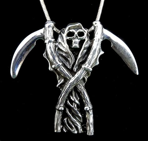 Large Mens Handcrafted 925 Sterling Silver Grim Reaper Double Scythe