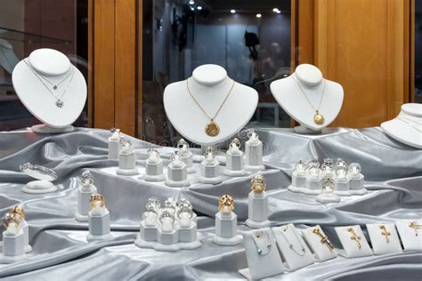 Jewelry Diamond Rings And Necklaces Show In Luxury Retail Store Window