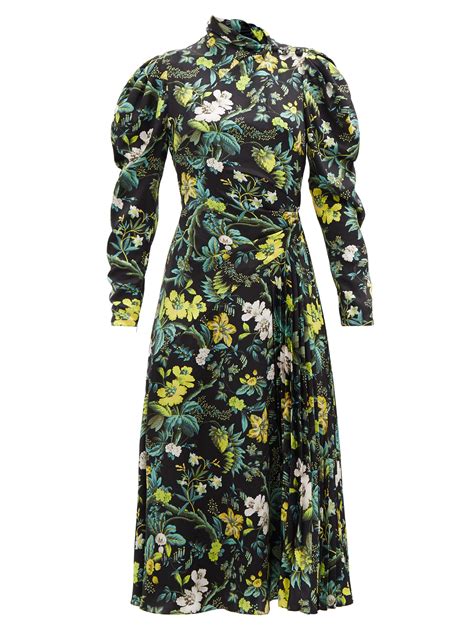 Erdem Irwin Pleated Floral Print Silk Satin Midi Dress In Green Lyst