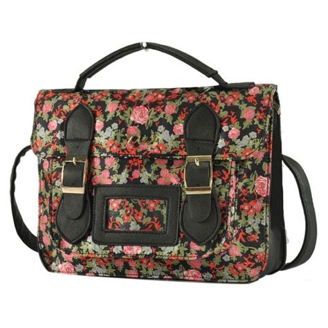 BLACK OILCLOTH FLORAL PRINT MESSENGER BAG SMALL VERSION Handbags Uk