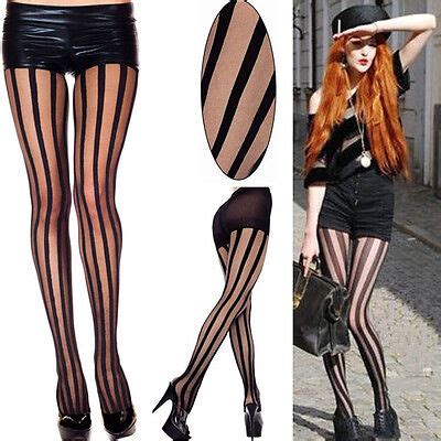 Black Punk Rock Gothic Emo Striped Tights Sheer Vertical Stripes Pantyhose Pants Ebay