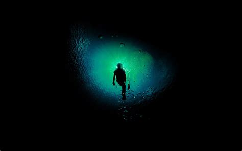 Hd Wallpaper Deep Blue Dark Ocean Dive Silhouette One Person