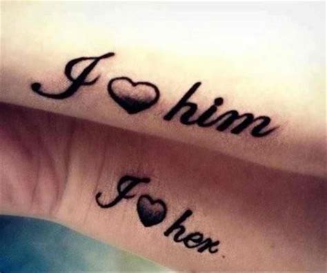 Like two halves of a whole, the two of you can each get half of the word love to show the way your love completes one another. couples-tattoos-i love him i love her | Matching couple ...