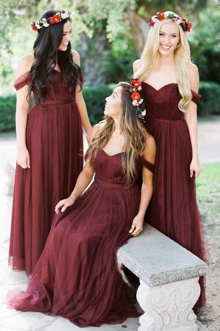 A Line Tulle Off The Shoulder Wine Bridesmaid Dresses Long Loveangeldress