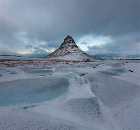 Famous Mountain With Waterfalls In Iceland Kirkjufell Winter In