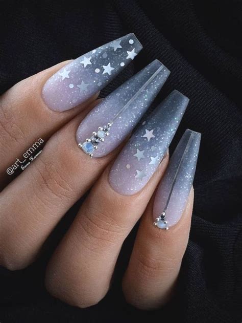 Cute Gray Ombre Coffin Shaped Nails With Glitter Stars And Rhinestones