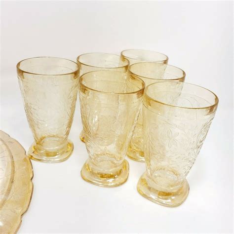 Jeannette Glass Carnival Floragold Louisa Iridescent Pitcher Glasses Platter Set Ebay