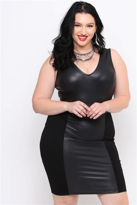 this plus size stretch knit dress features a v neckline faux leather fabric contrasting side