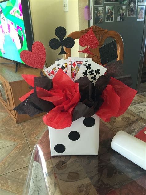 It would be great if you use some playing cards to card hi shiwangi, plz suggest me individual and paper games for casino theme…i also want some decoration ideas or pics for this theme. Casino themed birthday party centerpiece … | Casino party ...