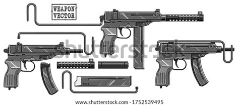 Graphic Black White Detailed Silhouette Submachine Stock Vector