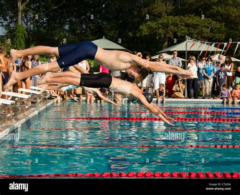 Teenage Boys Jumping Into A Pool At The Start Of A Race Stock Photo Alamy