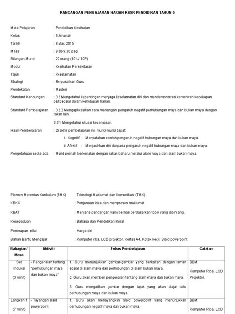Home admin pendidikan koleksi rph kssr 2020 tahun 1 hingga tahun 6. Rancangan Pengajaran Harian Kssr PK Tahun 5