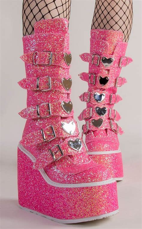 Demonia Australia Swing 230g Pink Multi Glitter Platform Wedge Boots