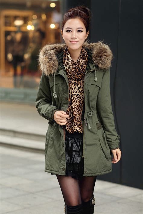 Women Winter Detachable Big Fur Hood Coat Army Green Faux Wool Lining