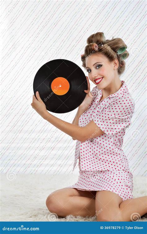 beautiful woman holding vinyl record stock image image of holding beautiful 36978279