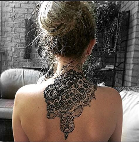 Back Tattoo Neck Design Coverup Black And White Lace Tattoo