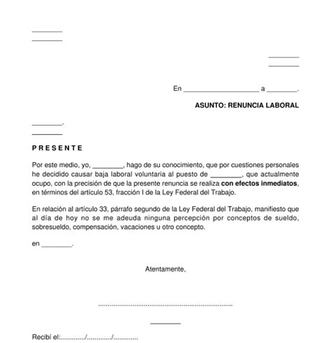 Carta De Renuncia Voluntaria Modelo Word Y PDF