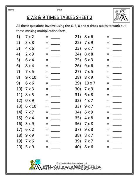 Free Math Sheets Multiplication 6 7 8 9 Times Tables 2 780×1009