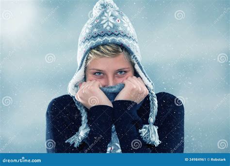 Freezing Young Woman In Snowfall Stock Image Image Of Cool