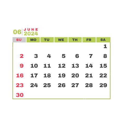 Diseño De Calendario Mensual De Junio De 2024 Vector Png Junio 2024