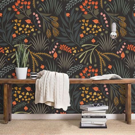 Wallpaper Leaves Botanical Peel And Stick Wallpaper Herbs Dark Etsy