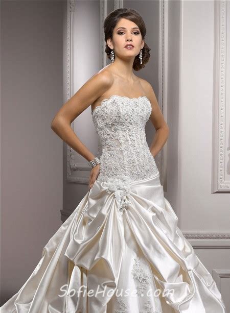 Romantic Ball Gown Strapless Champagne Satin Lace Beaded Corset Wedding