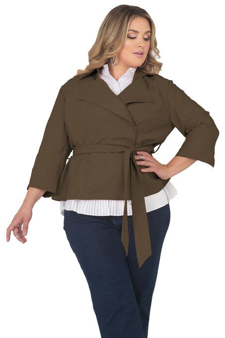 Womens Plus Size Cropped Quarter Sleeve Wrap Trench Jacket Brylane Home