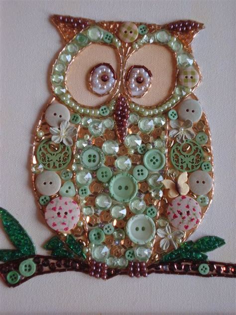 Wall sconces are a charming way to brighten a dreary corner or fill an awkward space on a wall. Handmade Wall Art on Canvas, Owl design, using Buttons, Beads & Gems | Button art, Canvas art ...