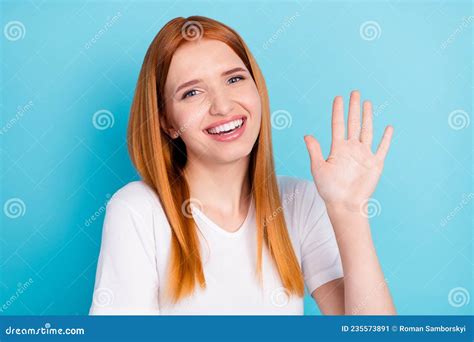 Photo Of Satisfied Orange Hair Girl Beaming Smile Arm Palm Wave Look