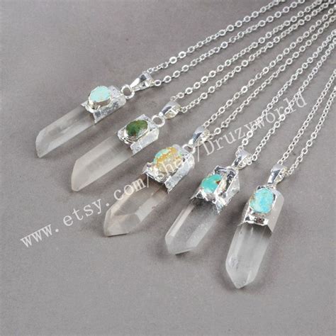 Etsy 1pcs 16 Silver Plated Natural Crystal Point Necklace And Real Turquoise Necklace Handmade