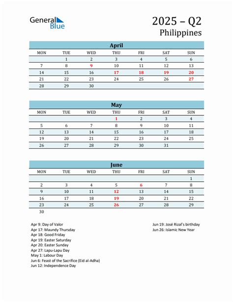 Three Month Calendar For Philippines Q2 Of 2025