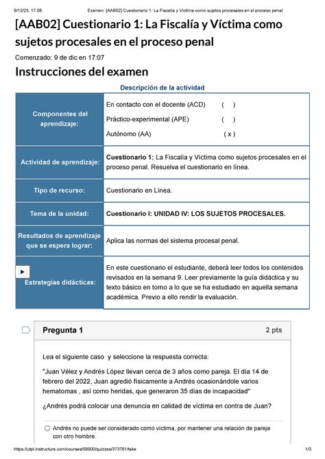 B Procesal Examen AAB Cuestionario La Fiscalía y Víctima como sujetos procesales en el