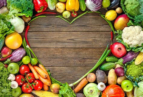 Assortment Of Fresh Fruist And Vegetables In Heart Shape Stock Photo