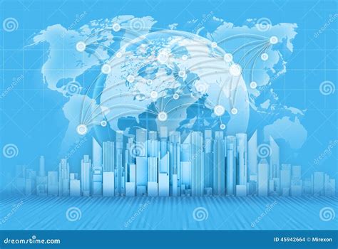 Skyscrapers Globe And World Map On Blue Stock Illustration